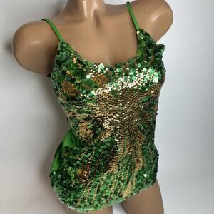 Y2K Green Gold Sequin Mesh Tank Top S Sparkle Low Back Fairycore Club Rave Party